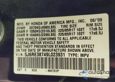 2009 Honda Cr-V Ex-L из США, поврежденный, VIN 5J6RE38749L023931